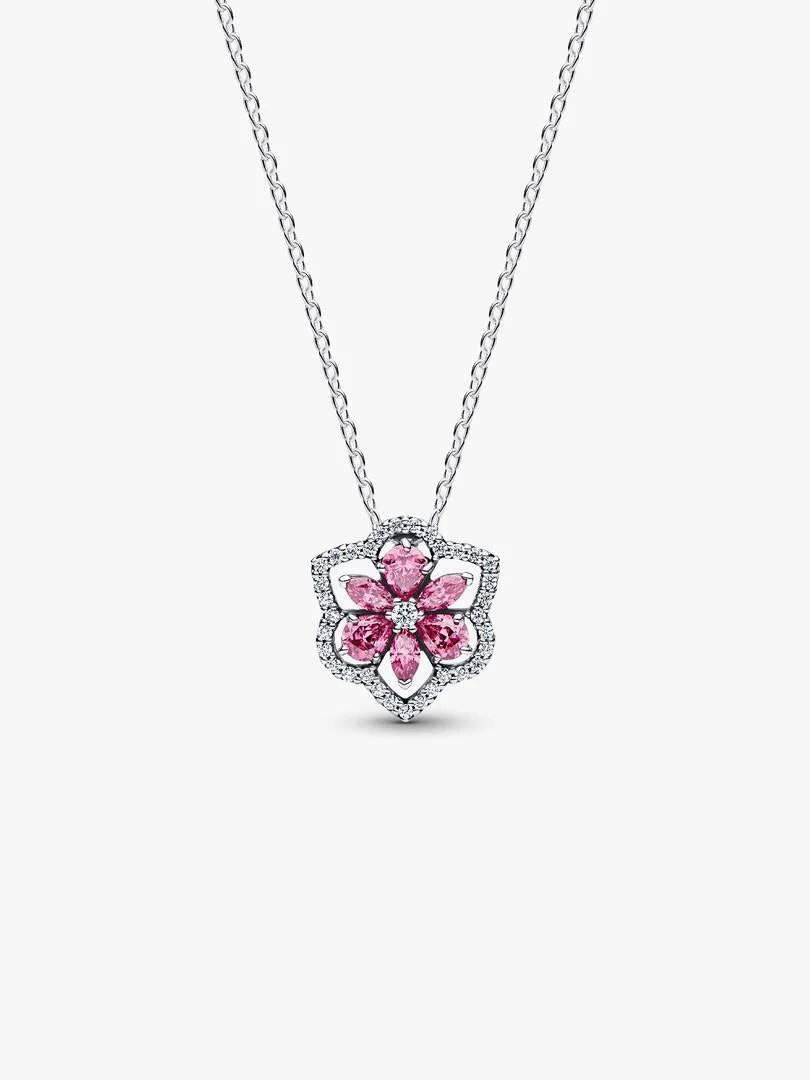 Herbarium Sparkling Pink Flower Pendant Necklace Sterling silver