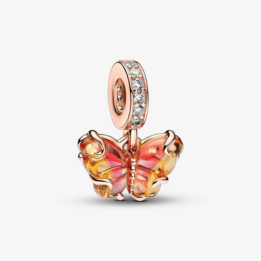 Pink and Yellow Murano Glass Butterfly Pendant Bracelet