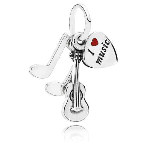 I Love Music Dangle Charm Retired Sterling Silver I Love Music Heart Notes and Guitar Dangle Bead with Red Enamel - 791504EN09