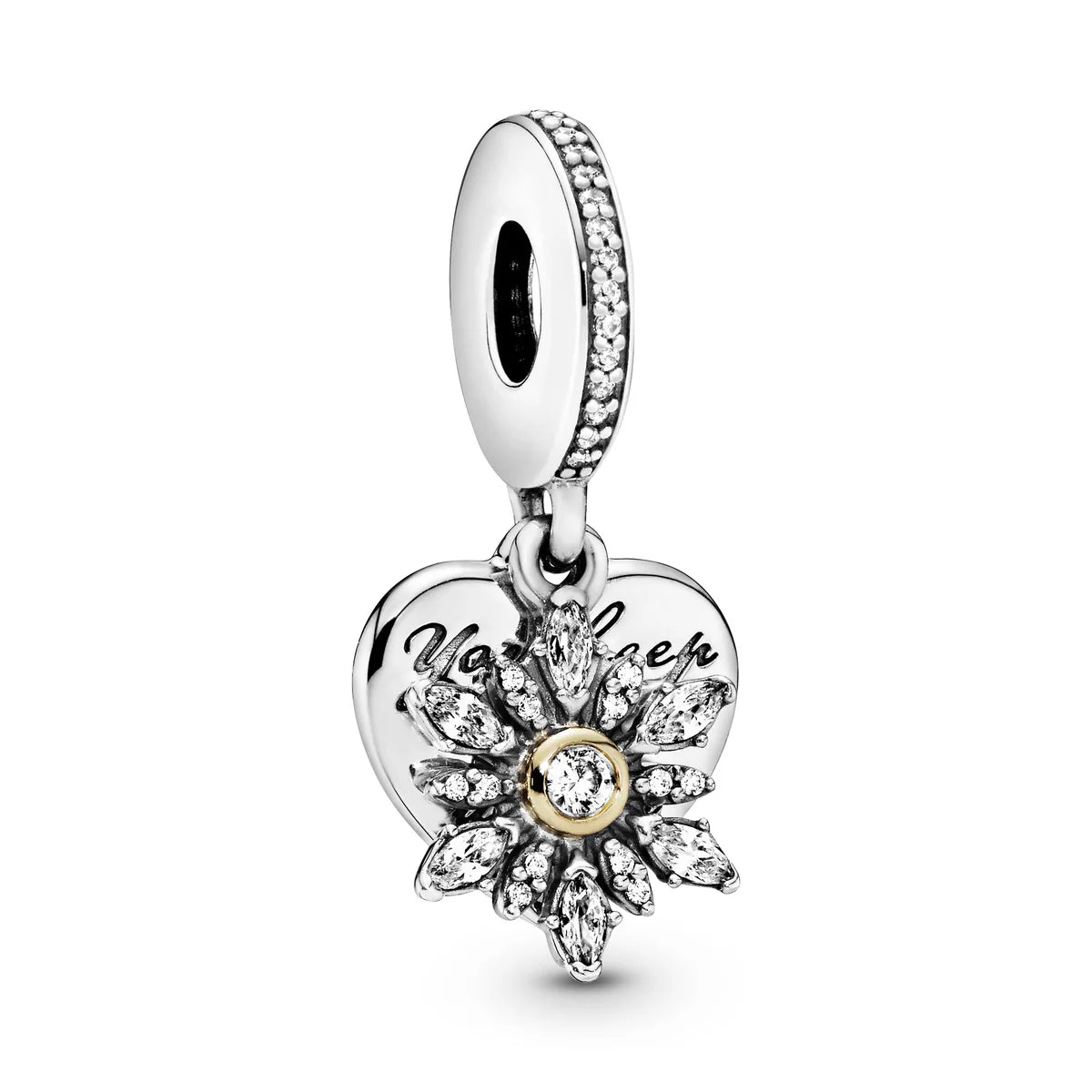Heart and ice crystal silver dangle with 14k and clear cubic zirconi
