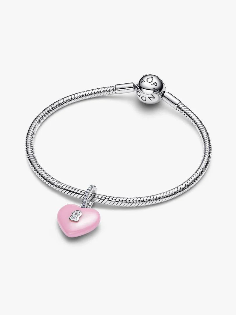 Pink Ceramic Heart Padlock Dangle Charm Sterling silver