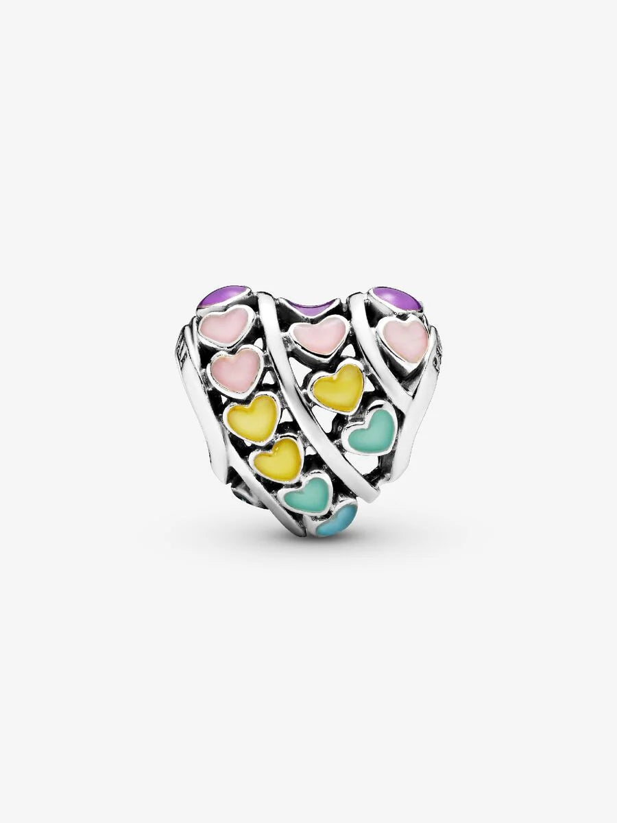 Heart silver charm with pink, purple, blue, yellow and green enamel Sterling silver