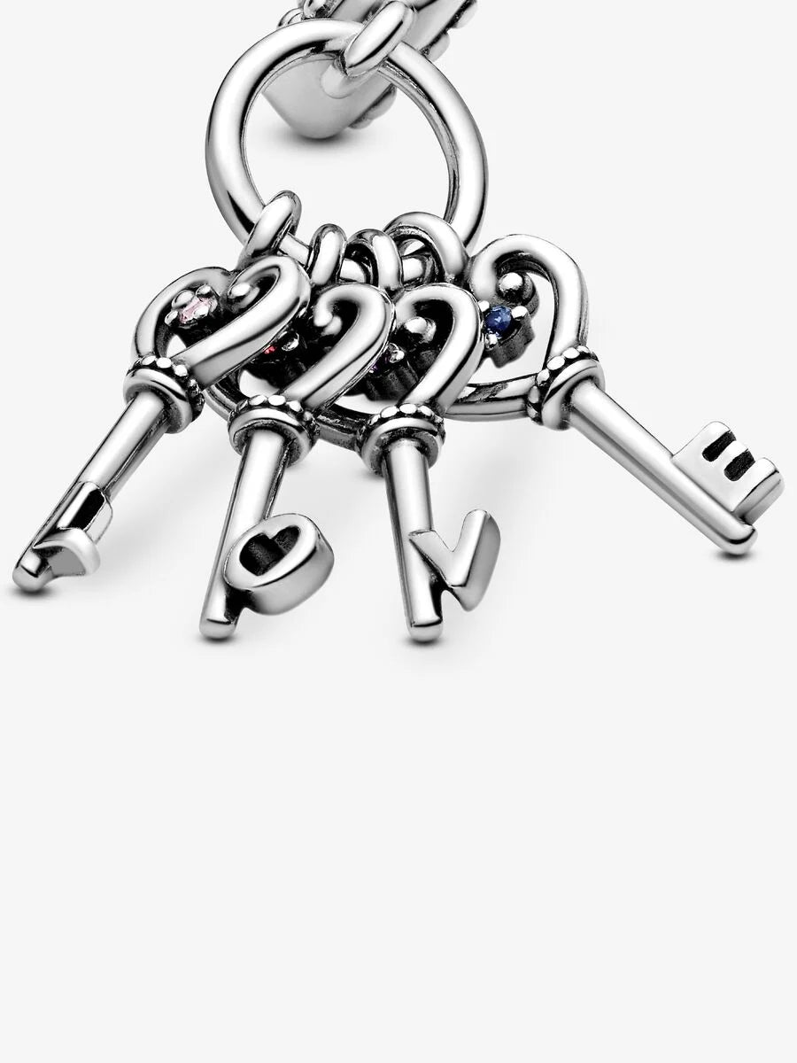Love keys silver dangle with pink mist, royal purple, royal blue crystal and red cubic zirconia Sterling silver