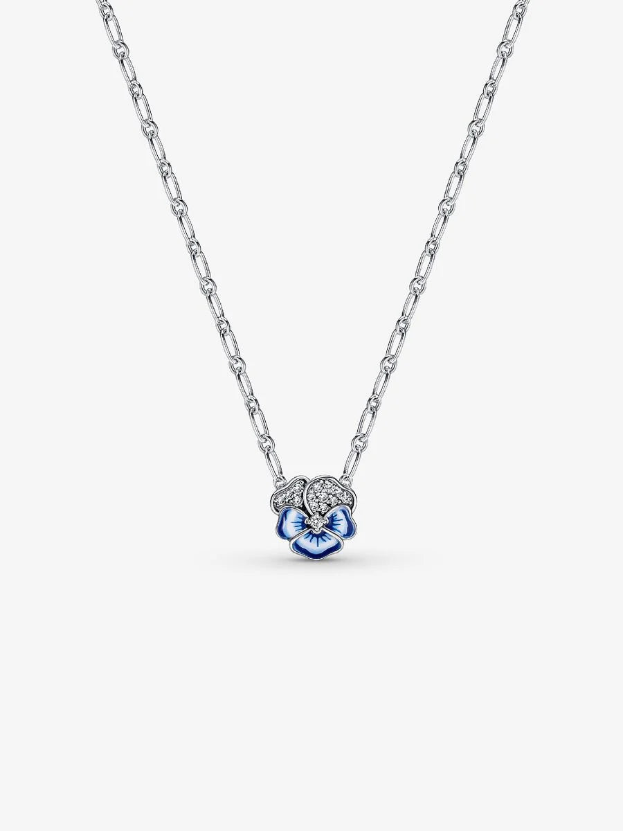 Blue Pansy Flower Pendant Necklace Sterling silver
