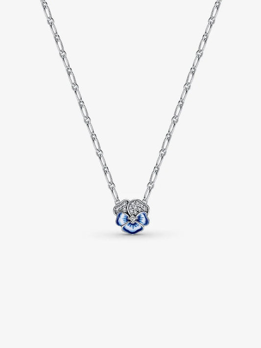 Blue Pansy Flower Pendant Necklace Sterling silver