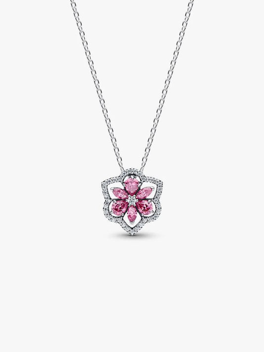 Herbarium Sparkling Pink Flower Pendant Necklace Sterling silver