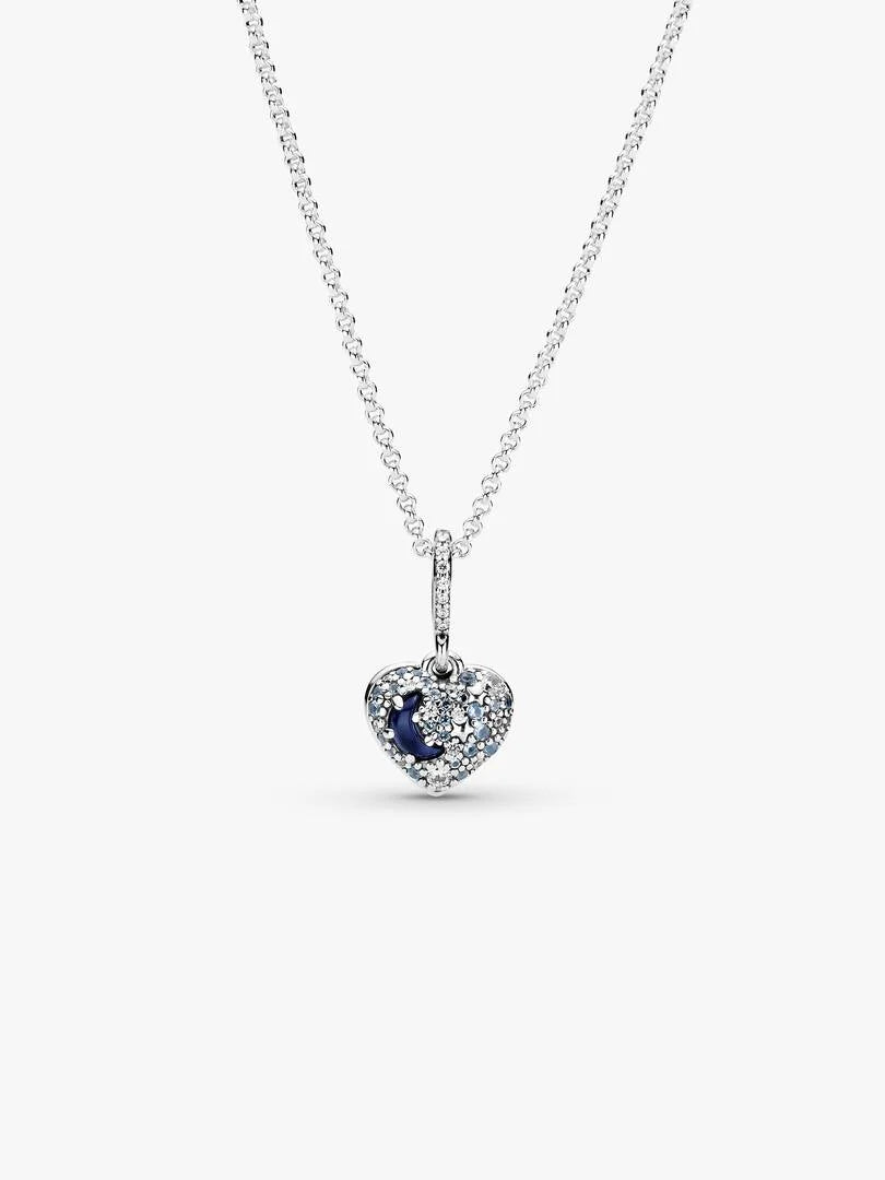 Sparkling Blue Moon & Stars Heart Necklace Sterling silver