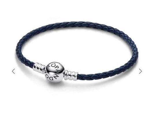 Pandora Moments Blue Braided Leather Bracelet with Circle Clasp