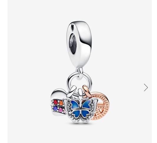 FINAL SALE - Two-Tone Rainbow Heart, Butterfly & Peace Triple Dangle Charm
