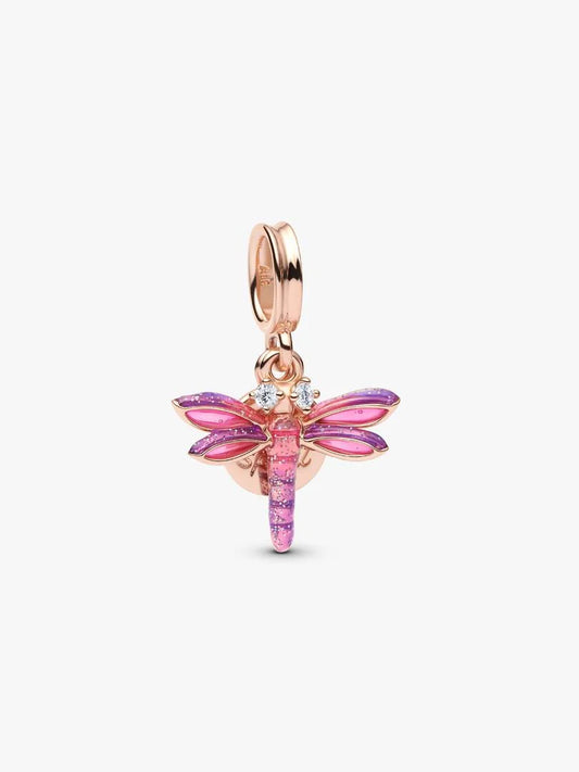 Pink Dragonfly Double Dangle Charm 14k rose gold plating