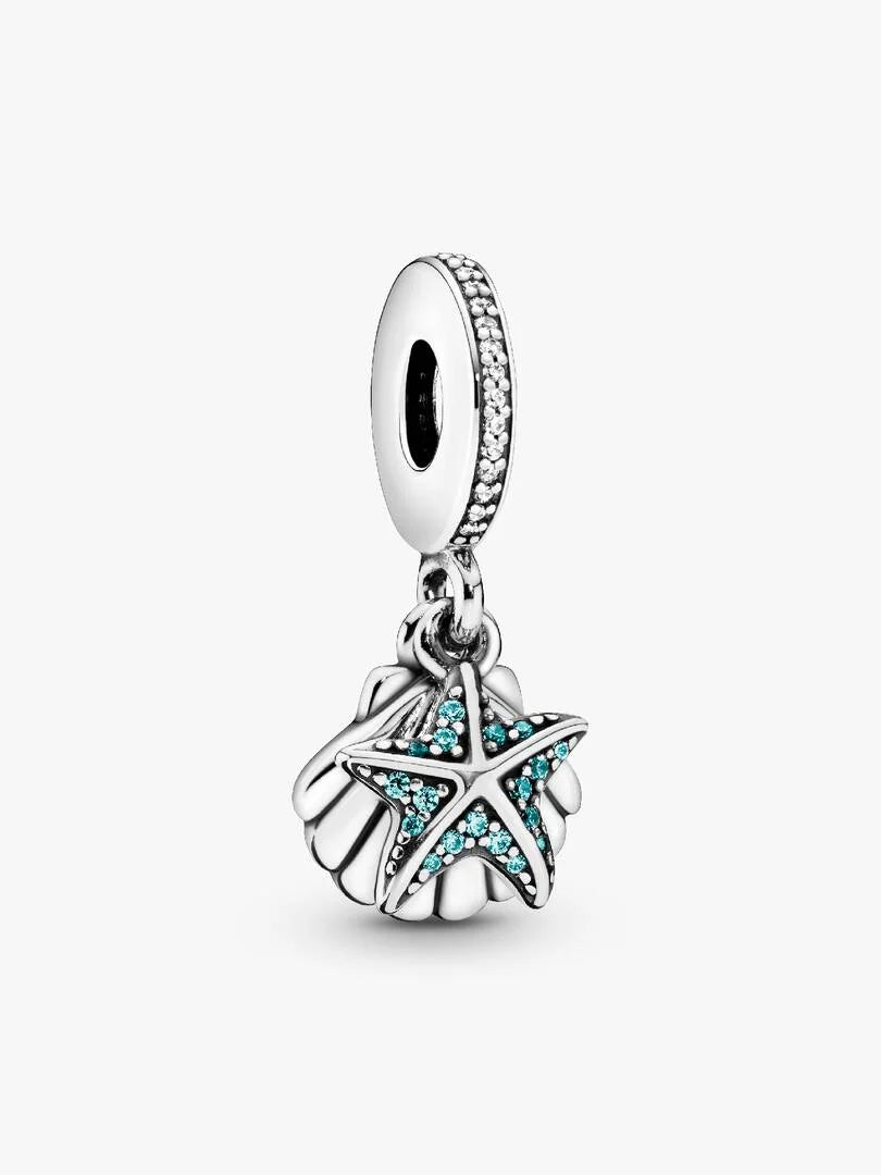Starfish and shell silver dangle with frosty mint cubic zirconia and clear cubic zirconia Sterling silver