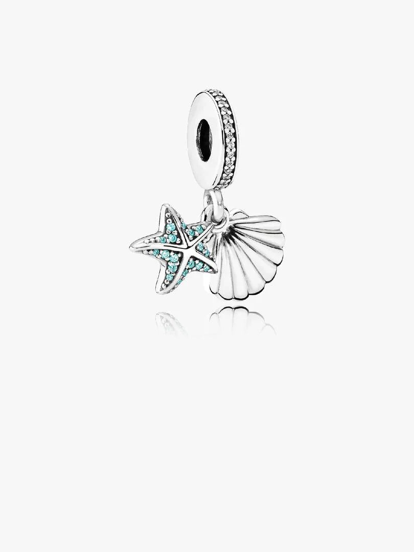 Starfish and shell silver dangle with frosty mint cubic zirconia and clear cubic zirconia Sterling silver