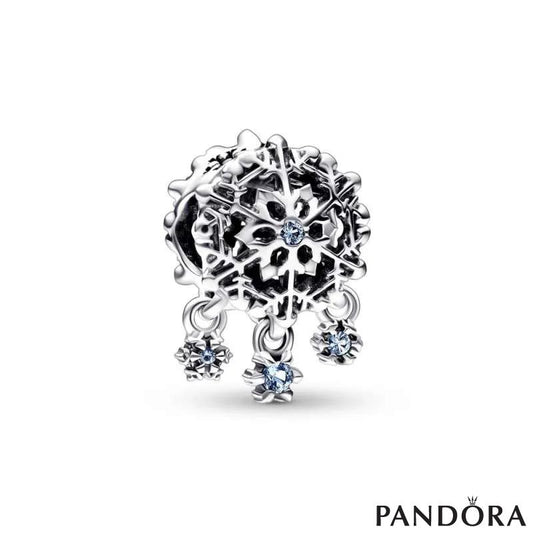 Snowflake sterling silver charm with bleached aqua blue crystal and icy blue crystal