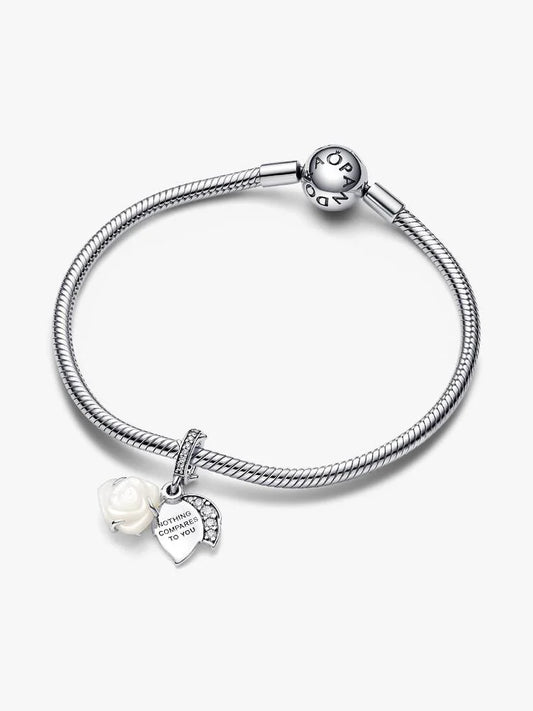 White Rose in Bloom Double Dangle Charm Sterling silver