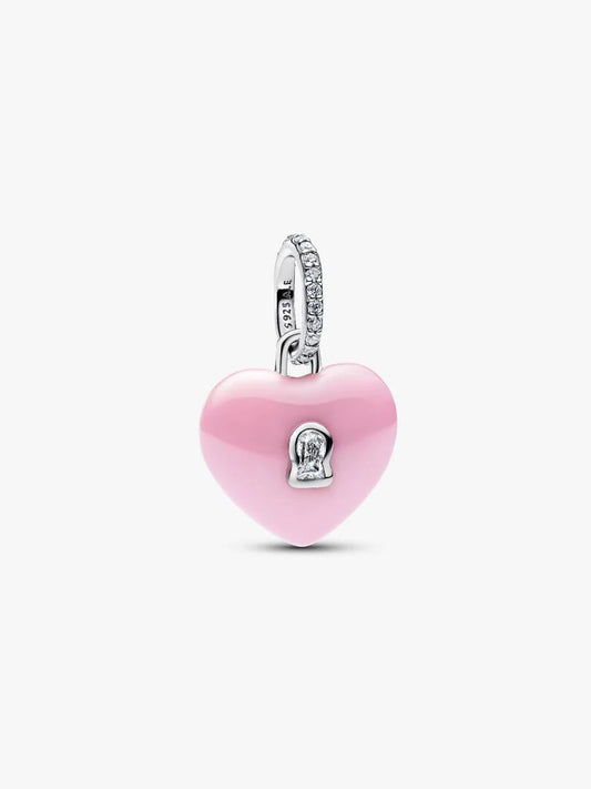 Pink Ceramic Heart Padlock Dangle Charm Sterling silver