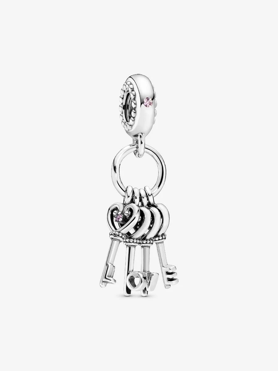 Love keys silver dangle with pink mist, royal purple, royal blue crystal and red cubic zirconia Sterling silver