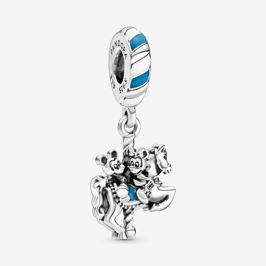 Disney Mickey and Minnie carousel horse sterling silver dangle with white and blue enamel