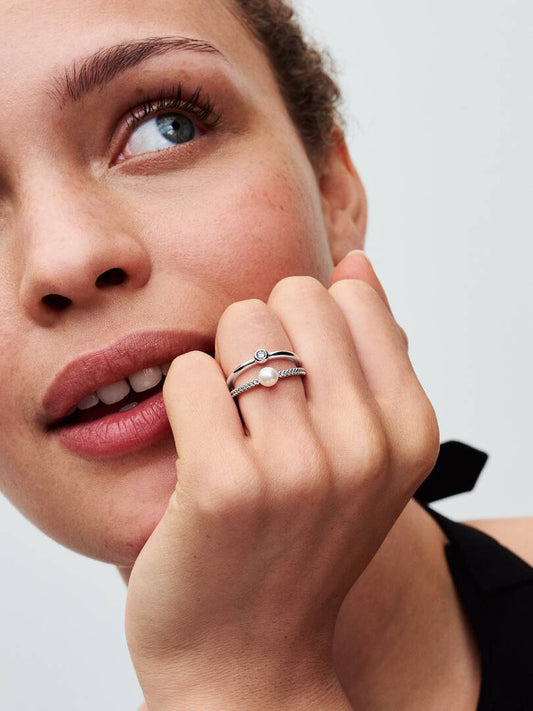 FINAL SALE - Treated Freshwater Cultured Pearl & Pavé Double Band Ring